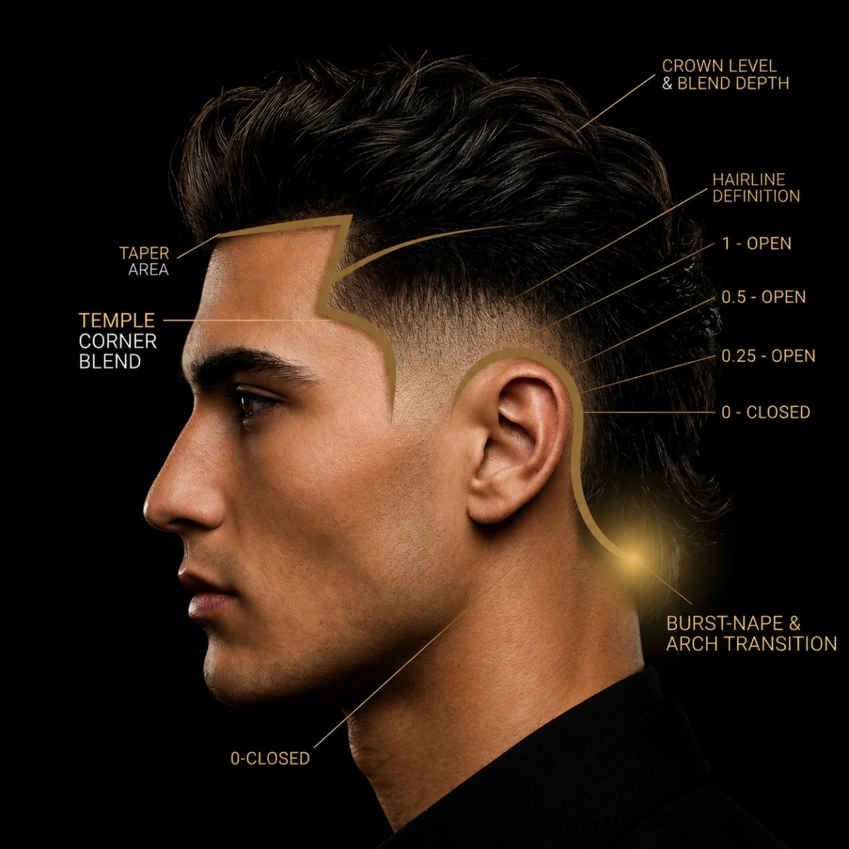 Burst Fade — full annotated diagram showing taper area, temple corner blend, hairline definition, and nape transition