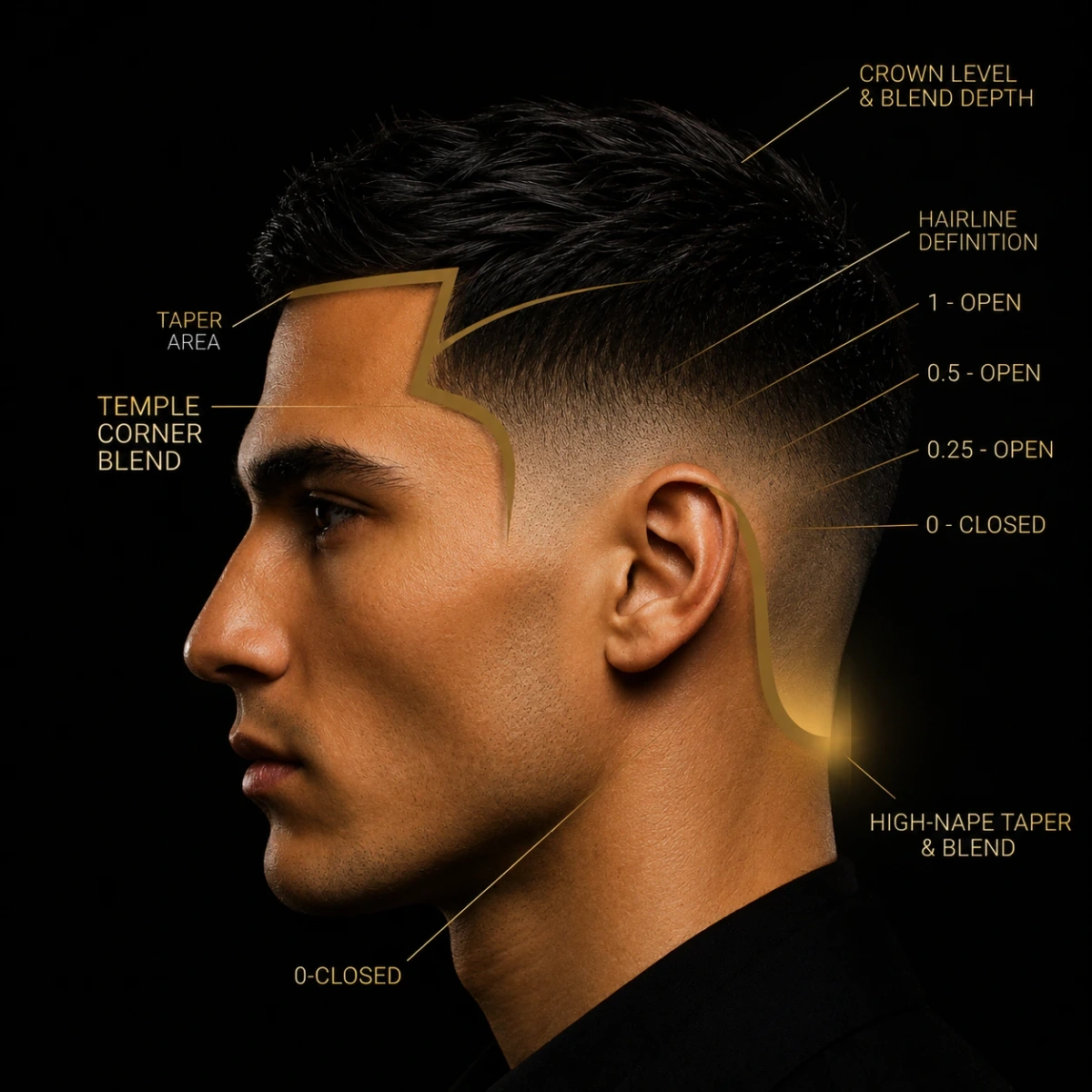 High Taper — full annotated diagram showing taper area, temple corner blend, hairline definition, and nape transition
