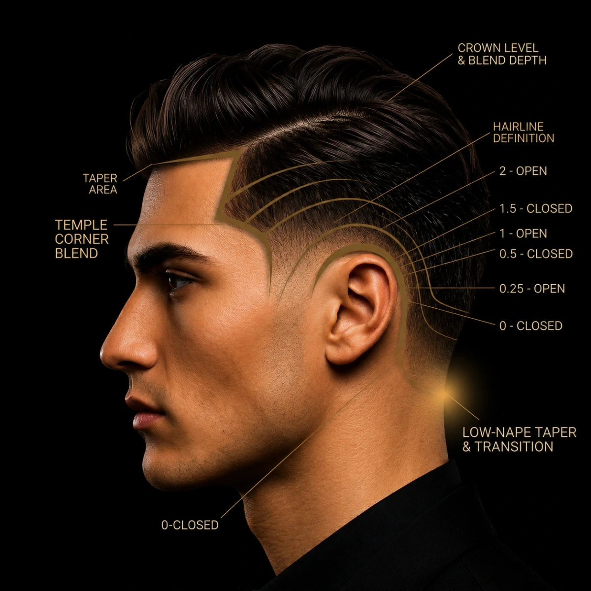 Low Taper — full annotated diagram showing taper area, temple corner blend, hairline definition, and nape transition