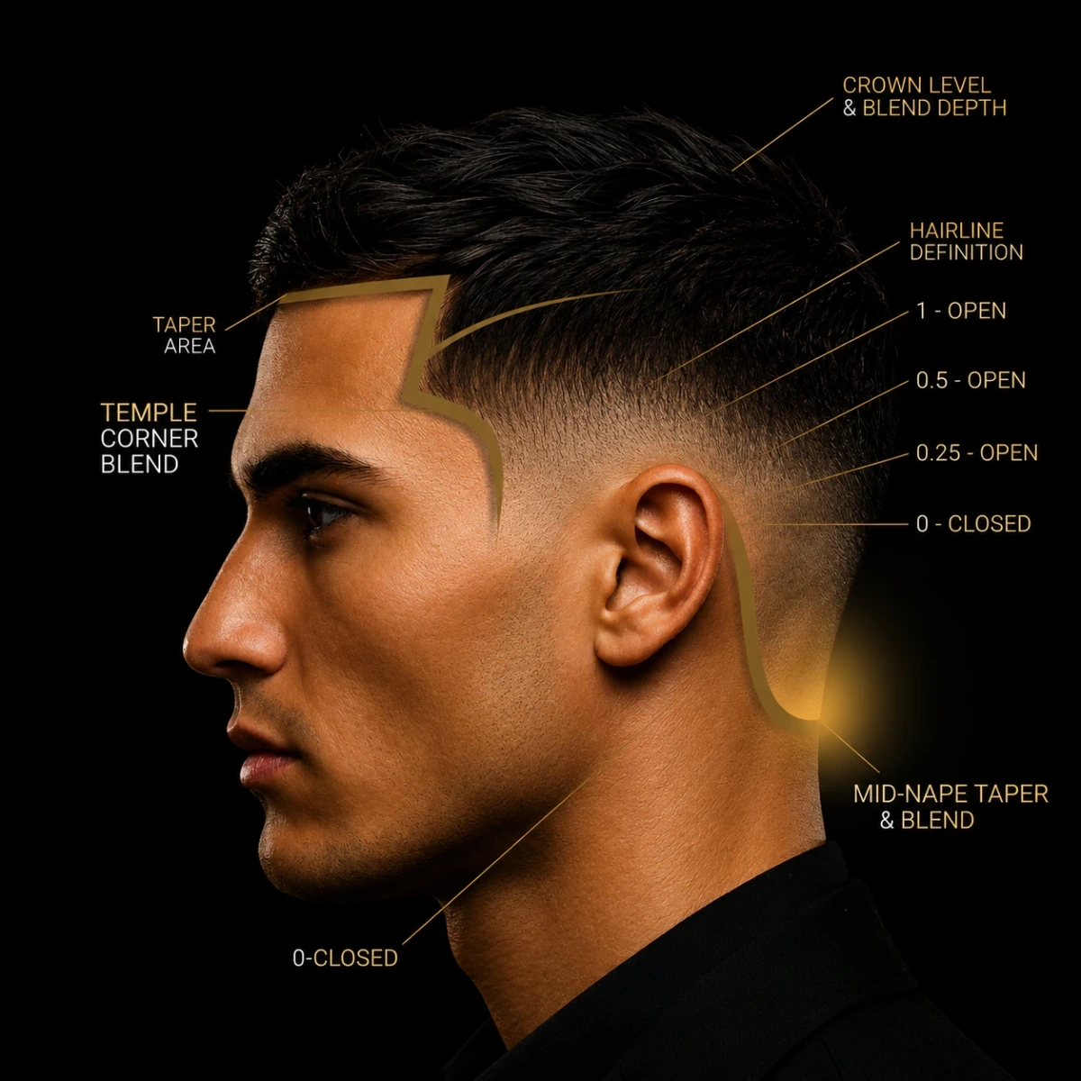 Mid Taper — full annotated diagram showing taper area, temple corner blend, hairline definition, and nape transition